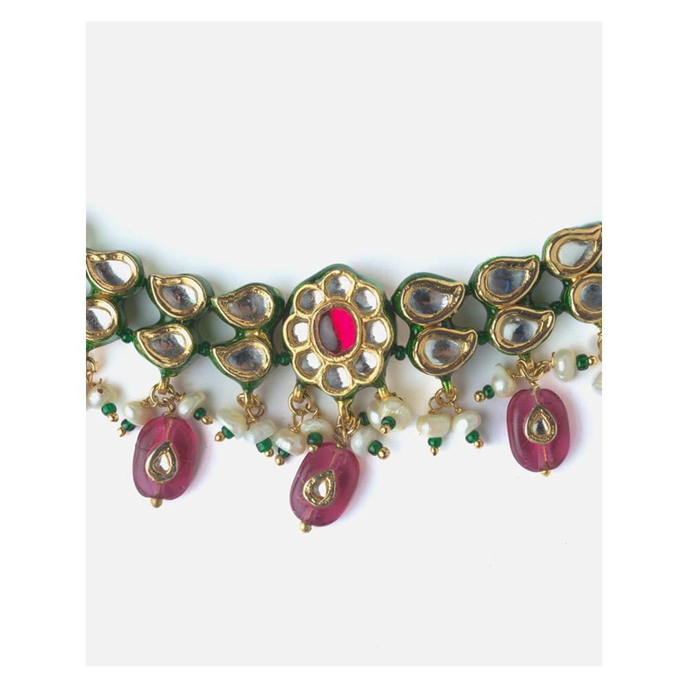 VIVINIA By Vidhi Mehra Gold Plated Pink Womens Kundan Short Necklace Set With Earrings