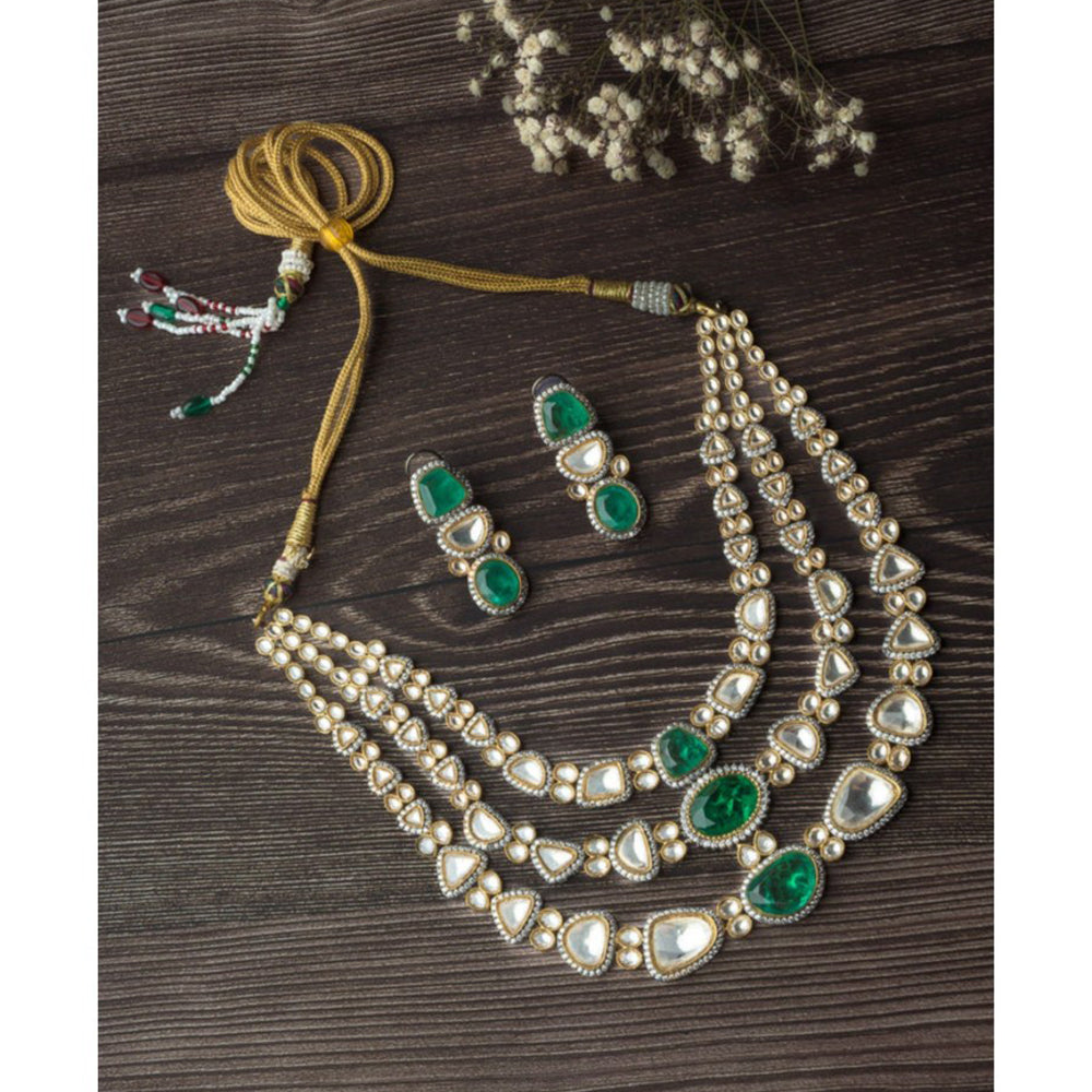 VIVINIA By Vidhi Mehra Gold Plated Green Womens Kundan Short Necklace Set With Earrings