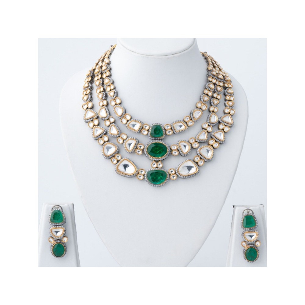 VIVINIA By Vidhi Mehra Gold Plated Green Womens Kundan Short Necklace Set With Earrings