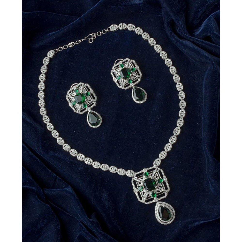 VIVINIA By Vidhi Mehra Silver Plated Green Womens Zircon Short Necklace Set With Earrings