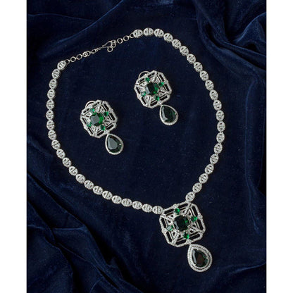 VIVINIA By Vidhi Mehra Silver Plated Green Womens Zircon Short Necklace Set With Earrings