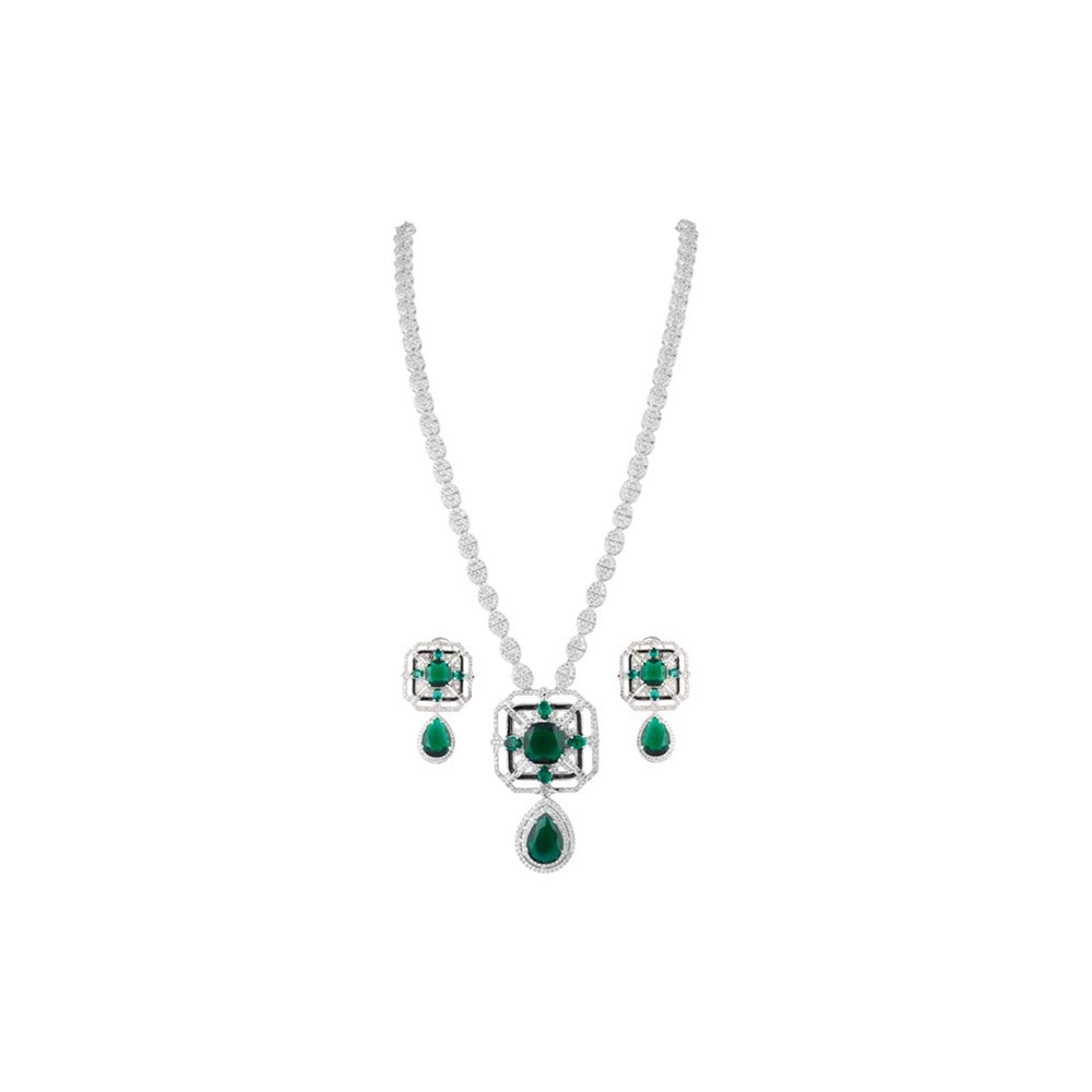 VIVINIA By Vidhi Mehra Silver Plated Green Womens Zircon Short Necklace Set With Earrings
