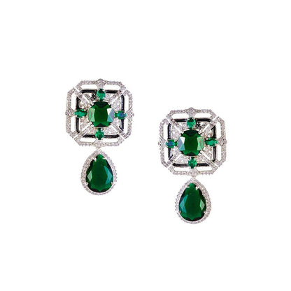 VIVINIA By Vidhi Mehra Silver Plated Green Womens Zircon Short Necklace Set With Earrings