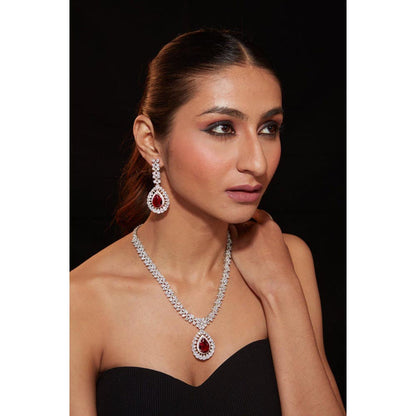 VIVINIA By Vidhi Mehra Silver Plated Red Womens Zircon Short Necklace Set With Earrings