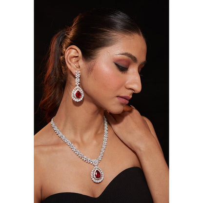 VIVINIA By Vidhi Mehra Silver Plated Red Womens Zircon Short Necklace Set With Earrings