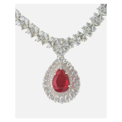 VIVINIA By Vidhi Mehra Silver Plated Red Womens Zircon Short Necklace Set With Earrings
