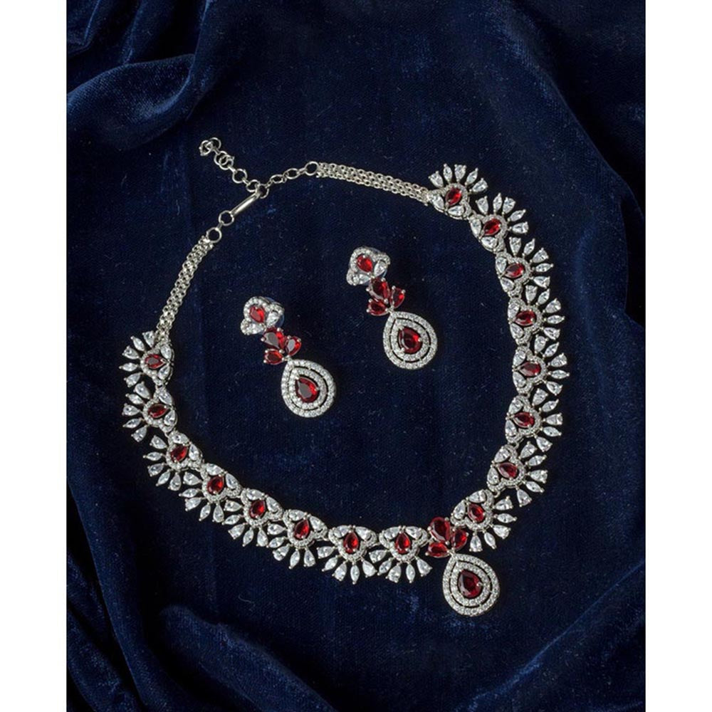 VIVINIA By Vidhi Mehra Silver Plated Red Womens Zircon Short Necklace Set With Earrings