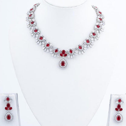 VIVINIA By Vidhi Mehra Silver Plated Red Womens Zircon Short Necklace Set With Earrings