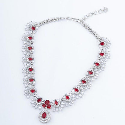 VIVINIA By Vidhi Mehra Silver Plated Red Womens Zircon Short Necklace Set With Earrings