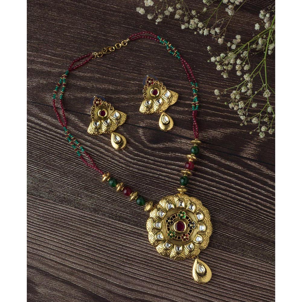 VIVINIA By Vidhi Mehra Gold Plated Red And Green Womens Synthetic Stone Long Necklace Sets