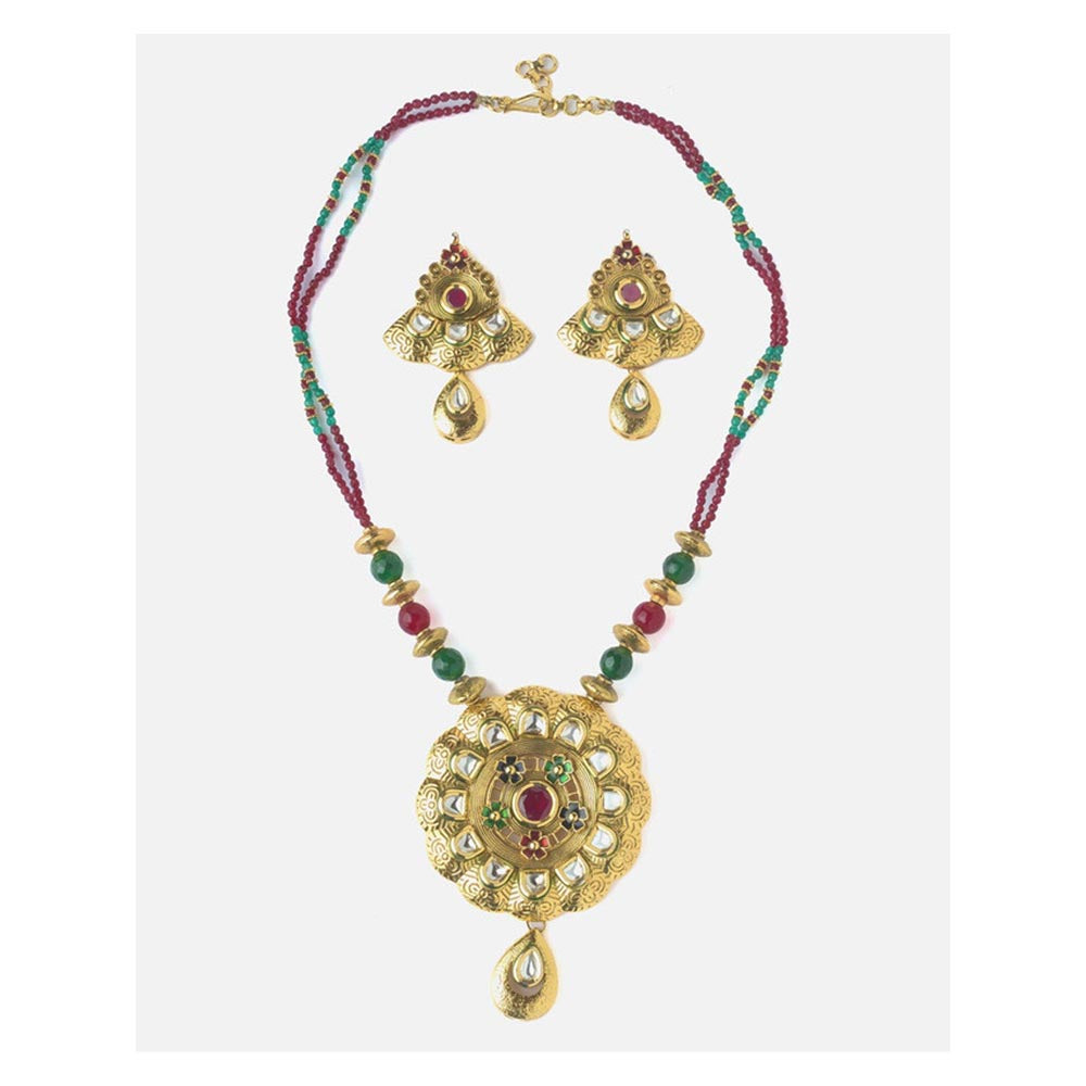 VIVINIA By Vidhi Mehra Gold Plated Red And Green Womens Synthetic Stone Long Necklace Sets