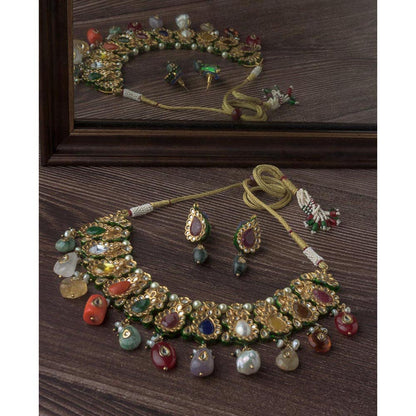 VIVINIA By Vidhi Mehra Gold Plated Multicolored Womens Short Necklace Set With Earrings
