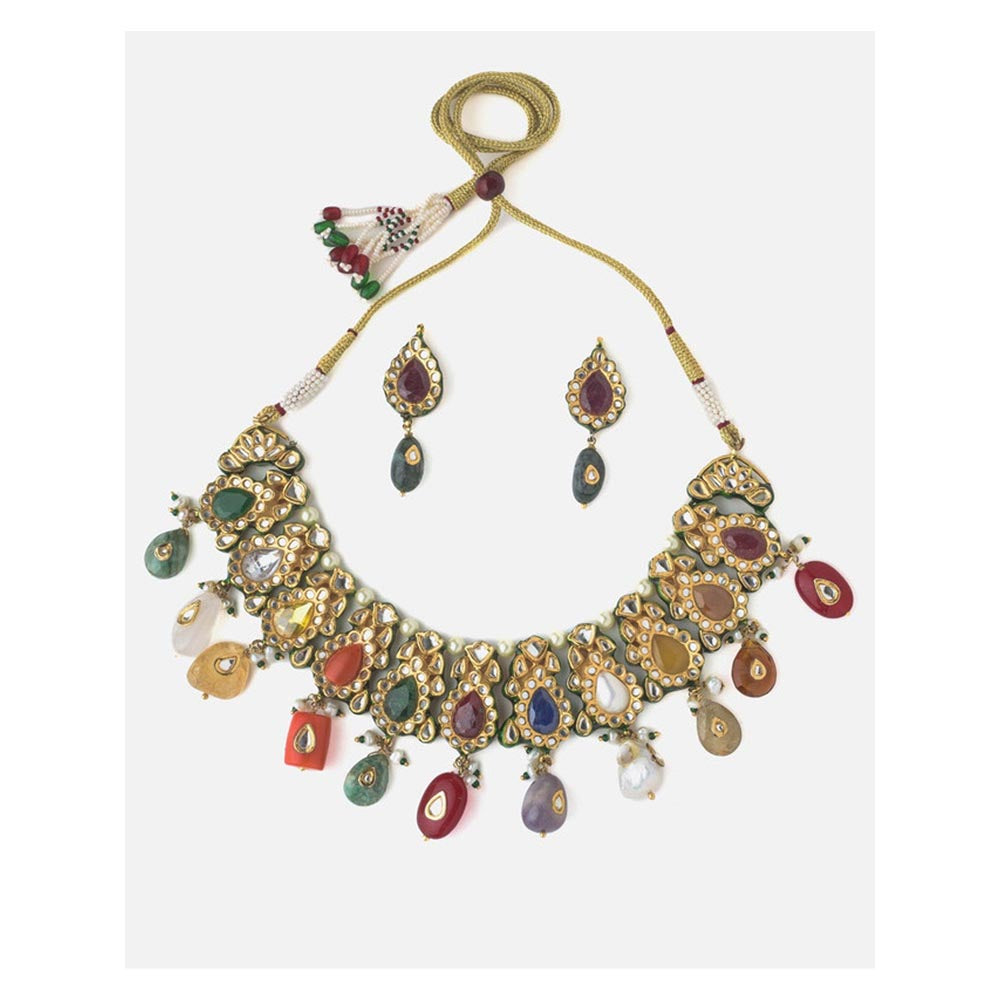 VIVINIA By Vidhi Mehra Gold Plated Multicolored Womens Short Necklace Set With Earrings