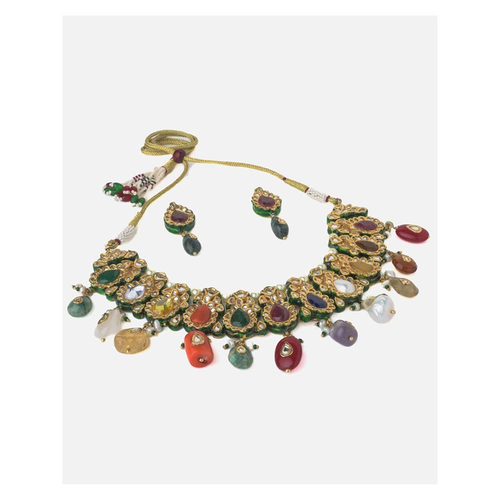 VIVINIA By Vidhi Mehra Gold Plated Multicolored Womens Short Necklace Set With Earrings