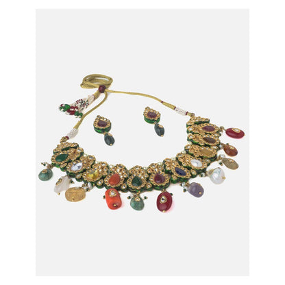 VIVINIA By Vidhi Mehra Gold Plated Multicolored Womens Short Necklace Set With Earrings