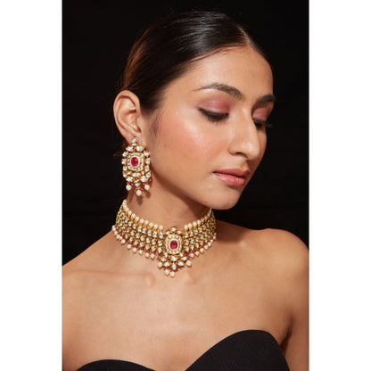 VIVINIA By Vidhi Mehra Aatman Gold Plated Red Womens Kundan Polki Necklace Set With Earrings