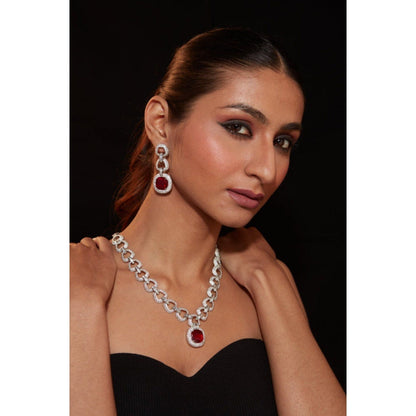VIVINIA By Vidhi Mehra Zia Silver Plated Red Womens Ruby Synthetic Zircon Necklace Sets