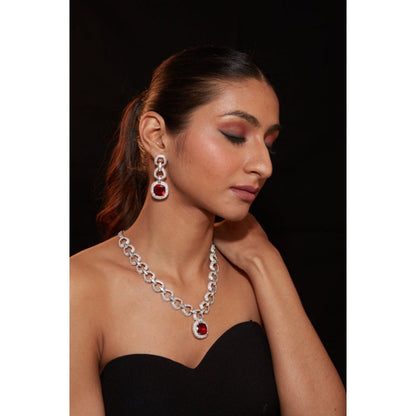 VIVINIA By Vidhi Mehra Zia Silver Plated Red Womens Ruby Synthetic Zircon Necklace Sets