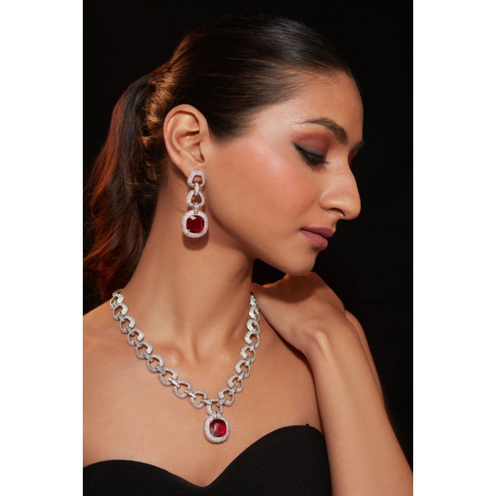 VIVINIA By Vidhi Mehra Zia Silver Plated Red Womens Ruby Synthetic Zircon Necklace Sets