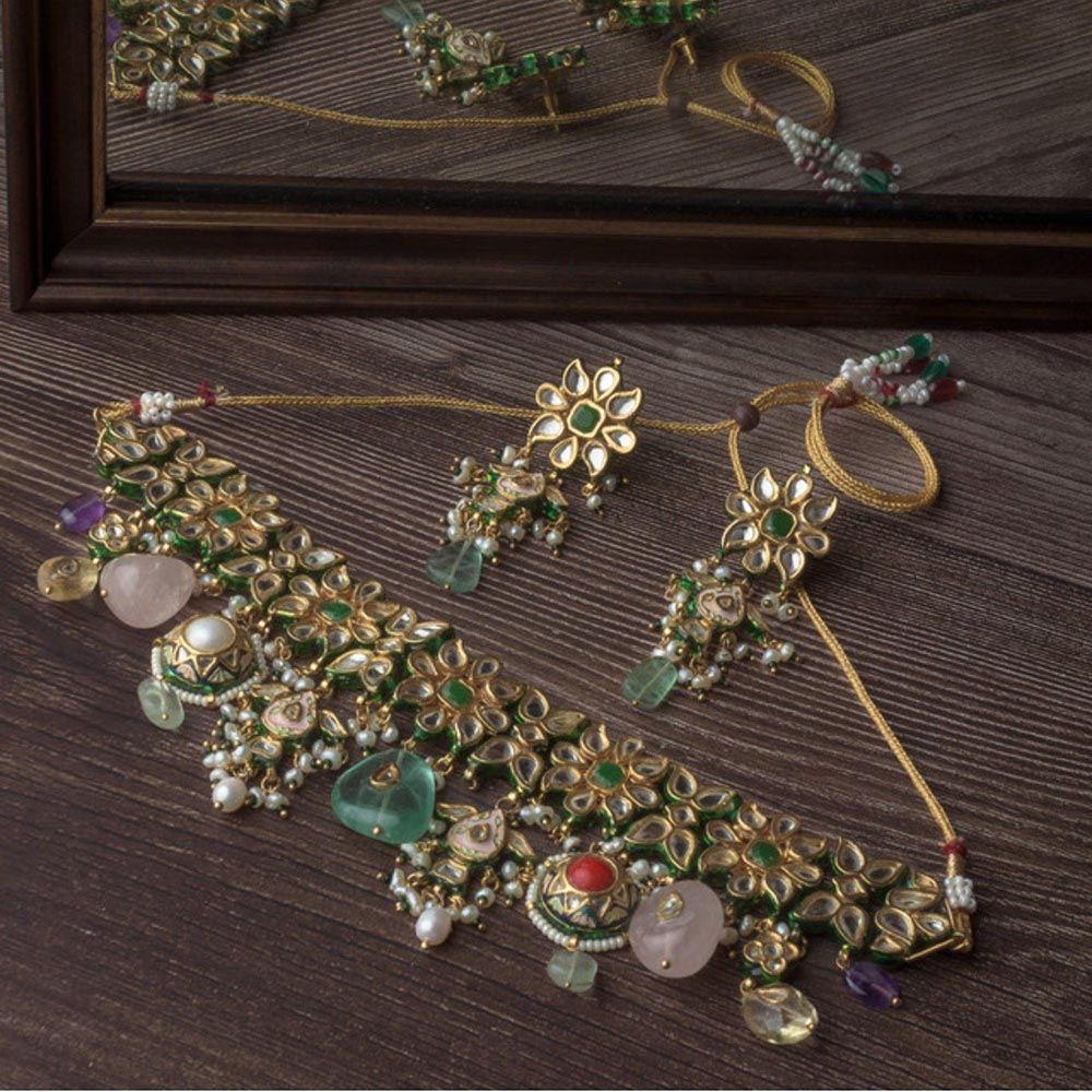 VIVINIA By Vidhi Mehra Gold Plated Multicolored Womens Choker Necklace Set With Earrings