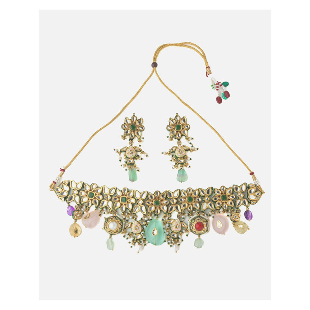 VIVINIA By Vidhi Mehra Gold Plated Multicolored Womens Choker Necklace Set With Earrings