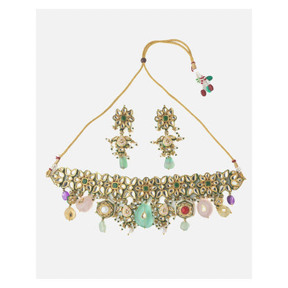 VIVINIA By Vidhi Mehra Gold Plated Multicolored Womens Choker Necklace Set With Earrings