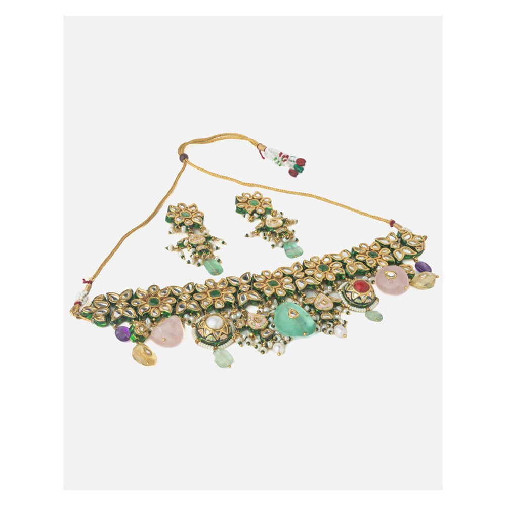 VIVINIA By Vidhi Mehra Gold Plated Multicolored Womens Choker Necklace Set With Earrings