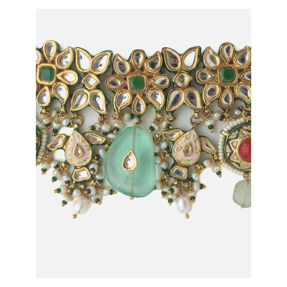 VIVINIA By Vidhi Mehra Gold Plated Multicolored Womens Choker Necklace Set With Earrings