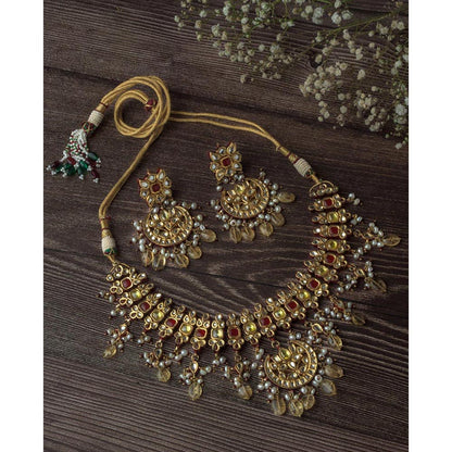 VIVINIA By Vidhi Mehra Gold Plated Yellow And Red Womens Kundan Choker Necklace Set