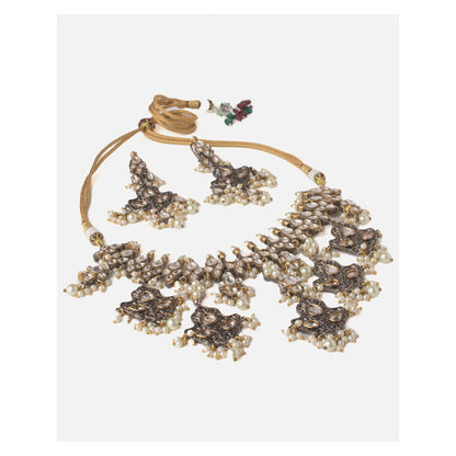 VIVINIA By Vidhi Mehra Rodium Plated Gold Womens Short Necklace Set With Earrings