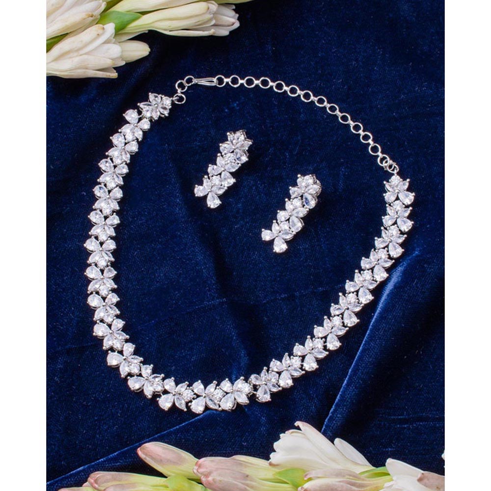 VIVINIA By Vidhi Mehra Zia Silver Plated Womens Zircon Short Necklace Set With Earrings