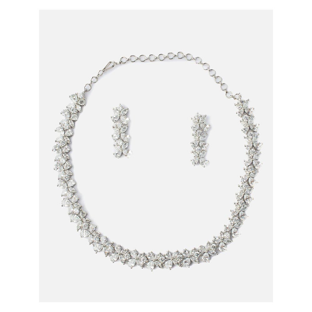 VIVINIA By Vidhi Mehra Zia Silver Plated Womens Zircon Short Necklace Set With Earrings
