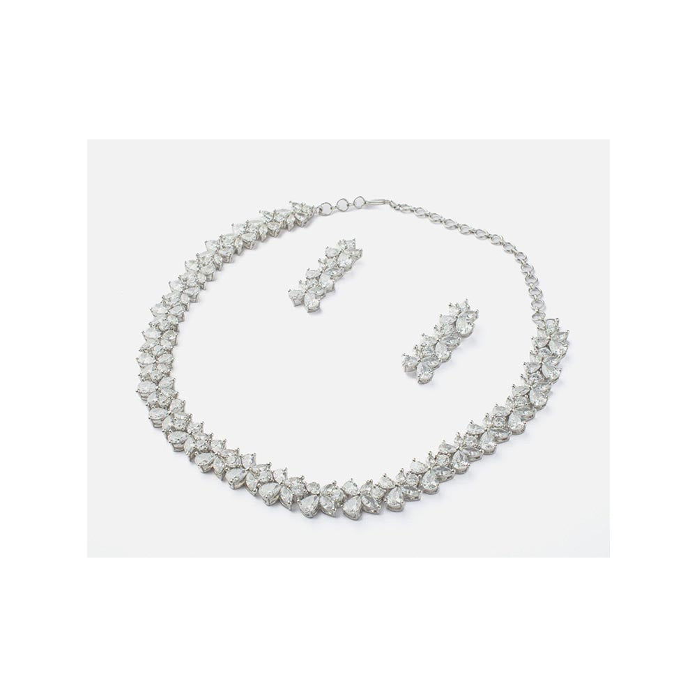 VIVINIA By Vidhi Mehra Zia Silver Plated Womens Zircon Short Necklace Set With Earrings