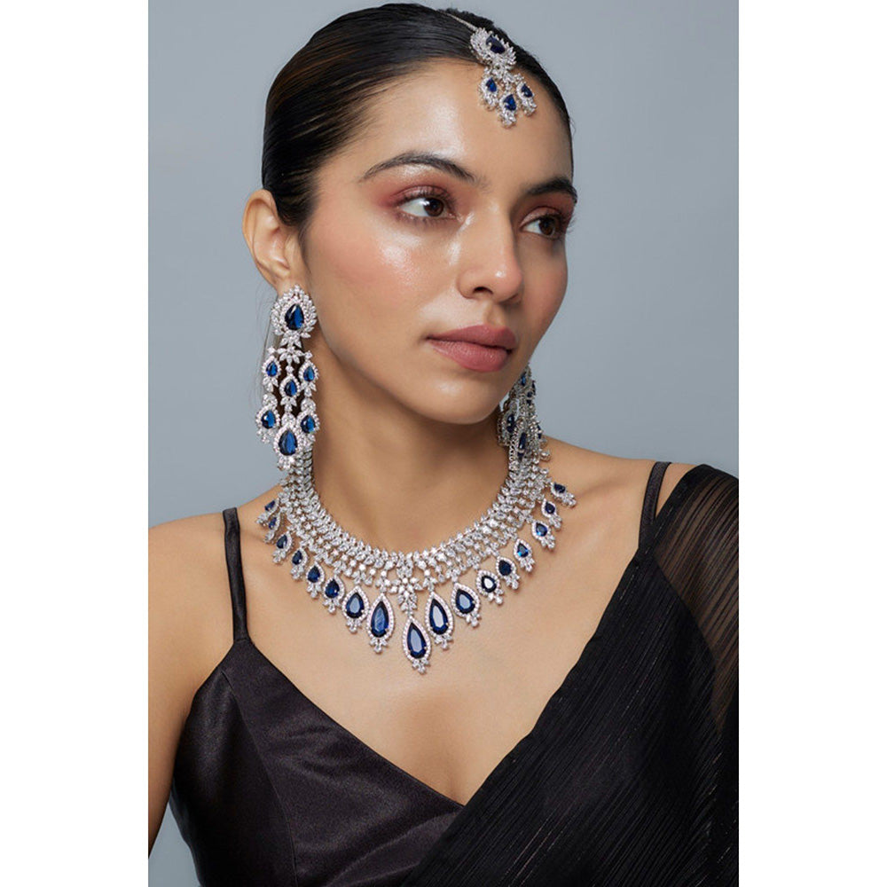 VIVINIA By Vidhi Mehra Zia Silver Plated Blue Womens Zircon Short Necklace Sets