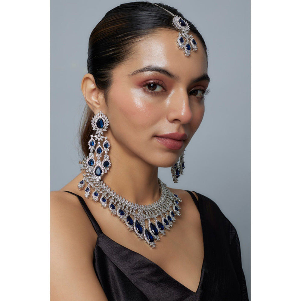 VIVINIA By Vidhi Mehra Zia Silver Plated Blue Womens Zircon Short Necklace Sets