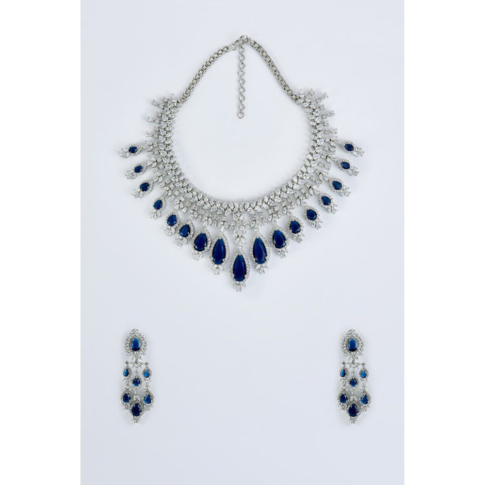 VIVINIA By Vidhi Mehra Zia Silver Plated Blue Womens Zircon Short Necklace Sets