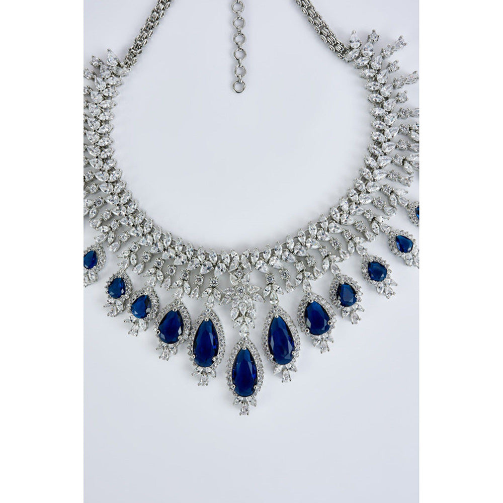 VIVINIA By Vidhi Mehra Zia Silver Plated Blue Womens Zircon Short Necklace Sets