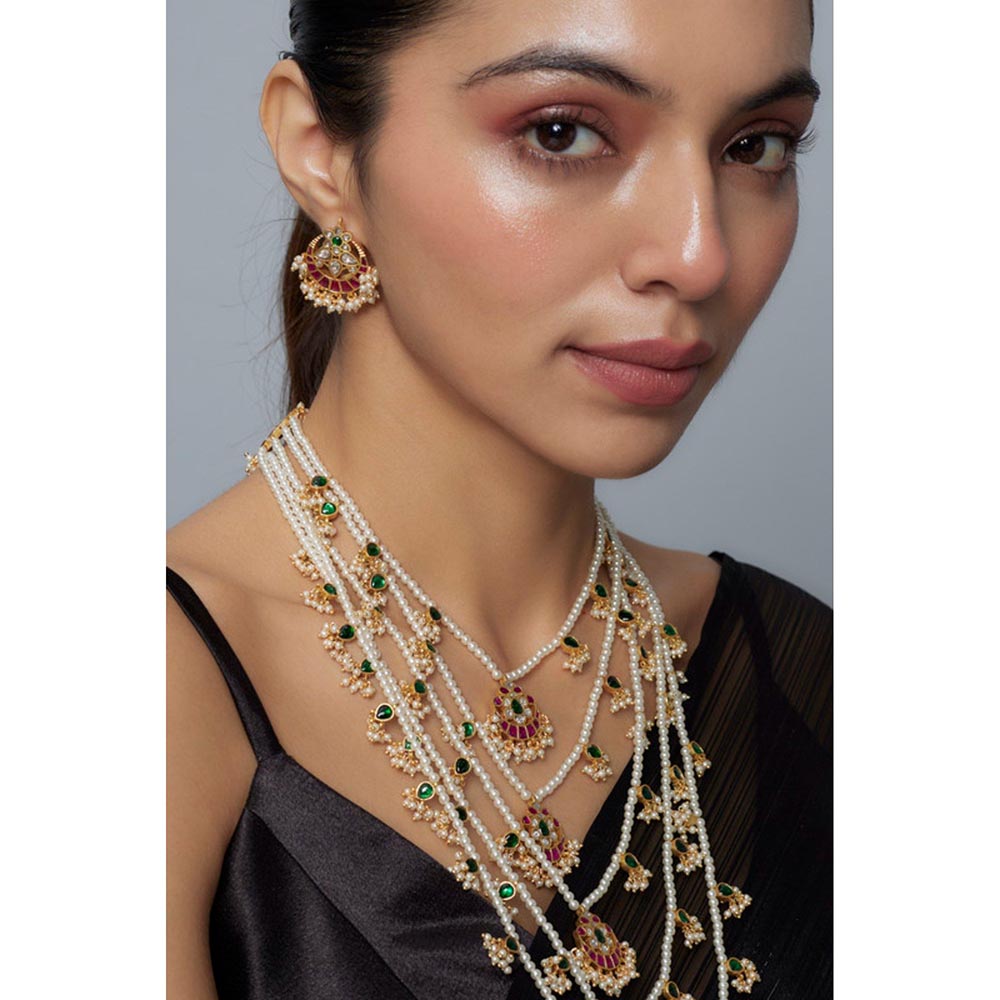 VIVINIA By Vidhi Mehra Saadgi Gold Plated White Womens Kundan Polki Long Necklace Set