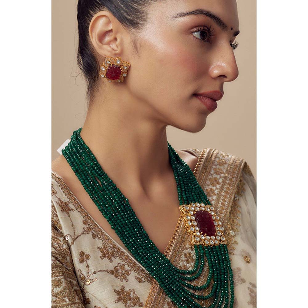 VIVINIA By Vidhi Mehra Antara Gold Plated Green Womens Kundan Polki Mala Necklace Set