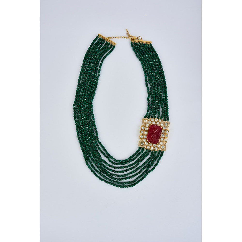 VIVINIA By Vidhi Mehra Antara Gold Plated Green Womens Kundan Polki Mala Necklace Set