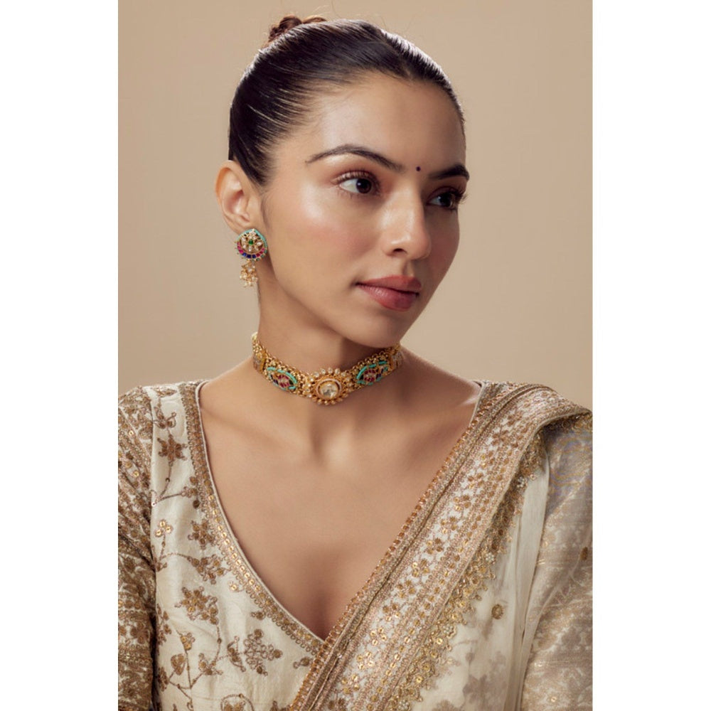 VIVINIA By Vidhi Mehra Morpankh Gold Plated Multi Womens Kundan Polki Choker Necklace Sets