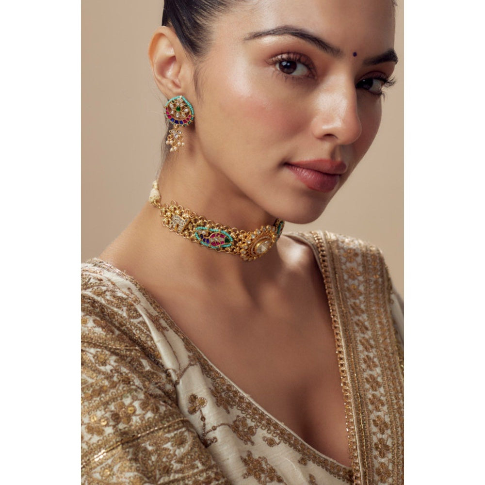 VIVINIA By Vidhi Mehra Morpankh Gold Plated Multi Womens Kundan Polki Choker Necklace Sets
