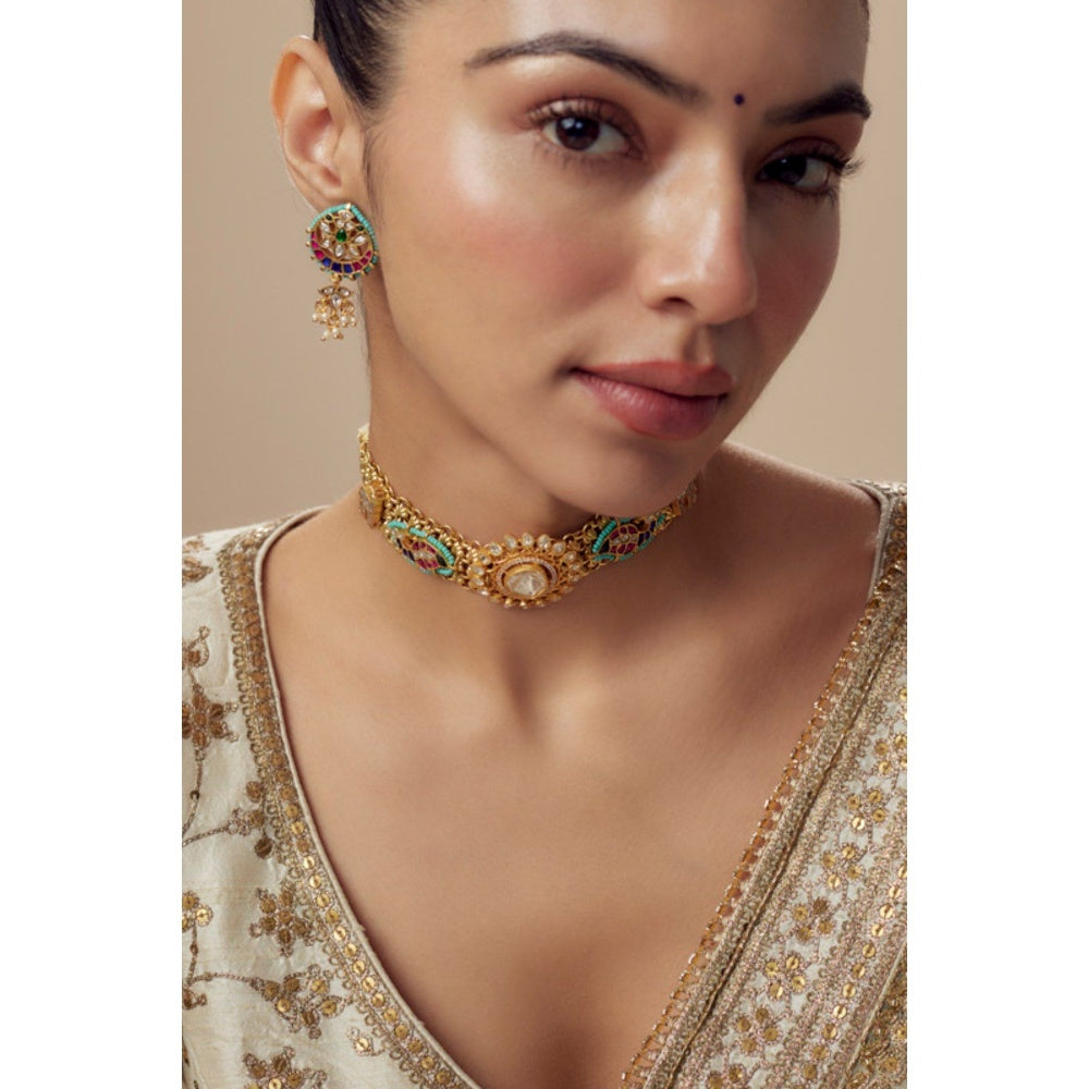 VIVINIA By Vidhi Mehra Morpankh Gold Plated Multi Womens Kundan Polki Choker Necklace Sets