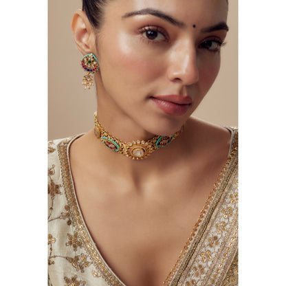 VIVINIA By Vidhi Mehra Morpankh Gold Plated Multi Womens Kundan Polki Choker Necklace Sets
