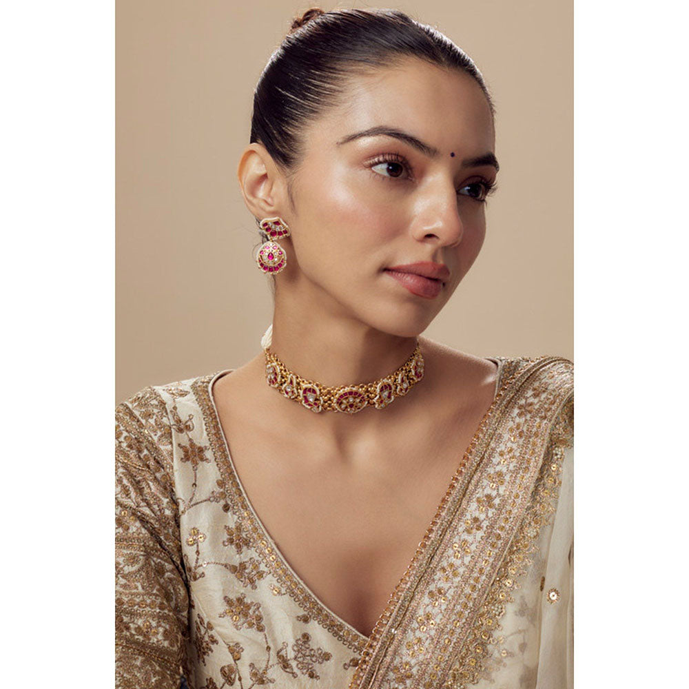 VIVINIA By Vidhi Mehra Morpankh Gold Plated Pink Womens Beaded Choker Necklace Set