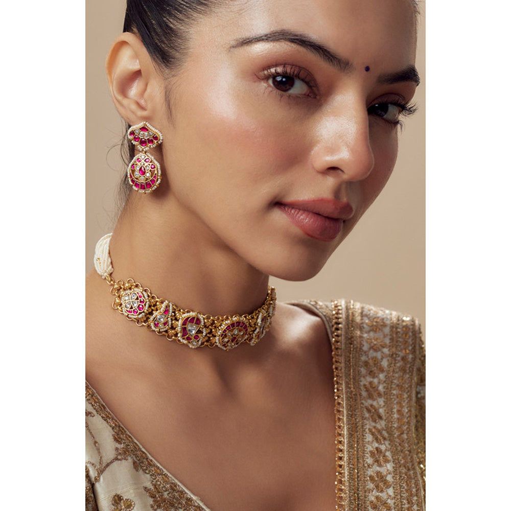 VIVINIA By Vidhi Mehra Morpankh Gold Plated Pink Womens Beaded Choker Necklace Set