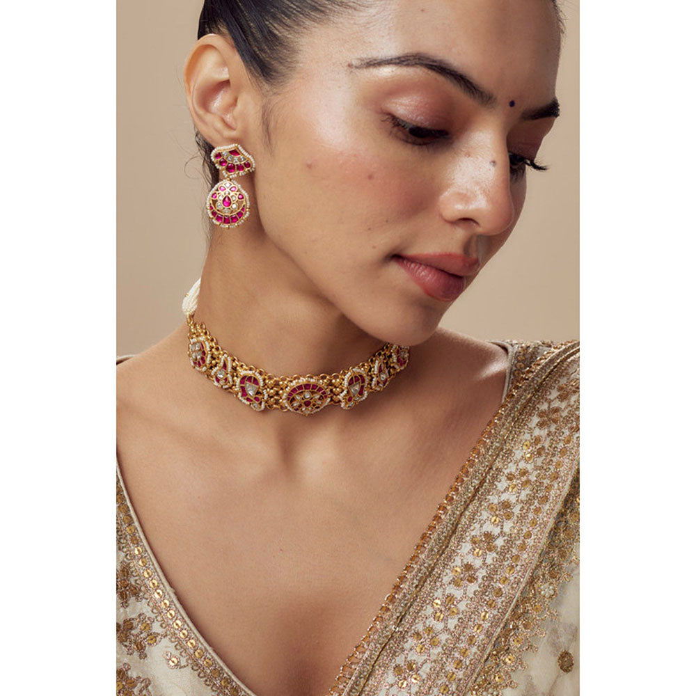 VIVINIA By Vidhi Mehra Morpankh Gold Plated Pink Womens Beaded Choker Necklace Set