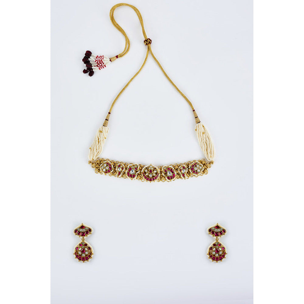 VIVINIA By Vidhi Mehra Morpankh Gold Plated Pink Womens Beaded Choker Necklace Set