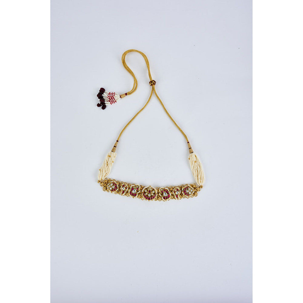 VIVINIA By Vidhi Mehra Morpankh Gold Plated Pink Womens Beaded Choker Necklace Set