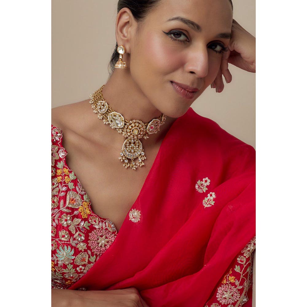 VIVINIA By Vidhi Mehra Saadgi Gold Plated Womens Kundan Polki Short Necklace Set With Earrings